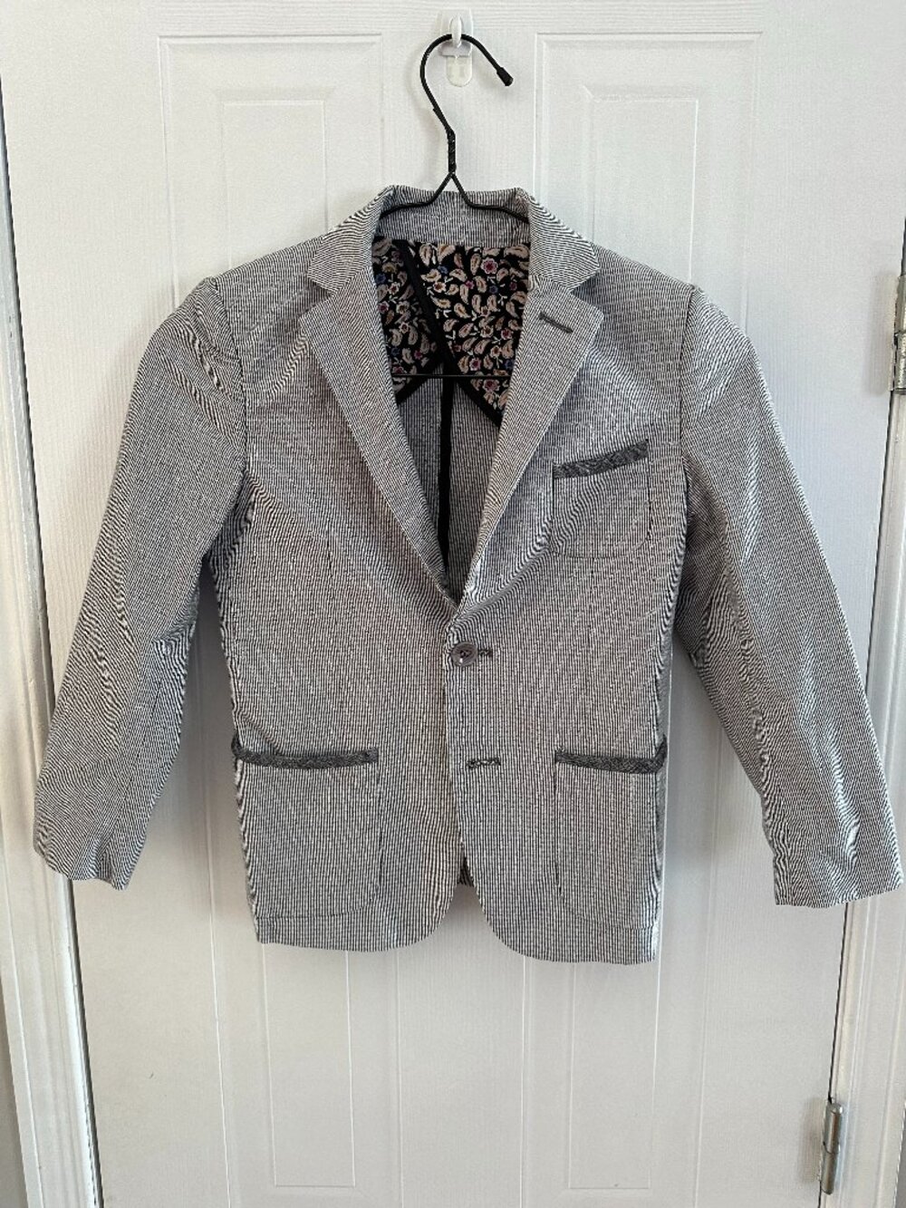 Isaac Mizrahi - Boys Grey Pinstripe Blazer with Elbow Patches & Paisley Lining